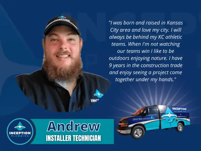 Bearded man in branded shirt and cap smiling, next to a company van and a quote about his background and interests. Text identifies him as Andrew, Installer Technician at Inception Plumbing.