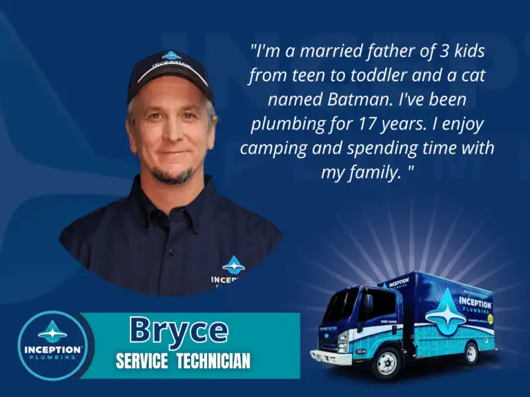 Portrait of Bryce, Inception Plumbing service technician, with a quote about his family and experience, next to an Inception Plumbing van and company logo.