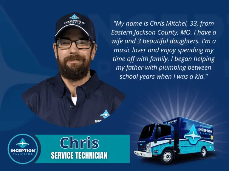 A bearded man in an Inception Plumbing uniform stands beside a blue branded van, with a text introduction about his background and interests.