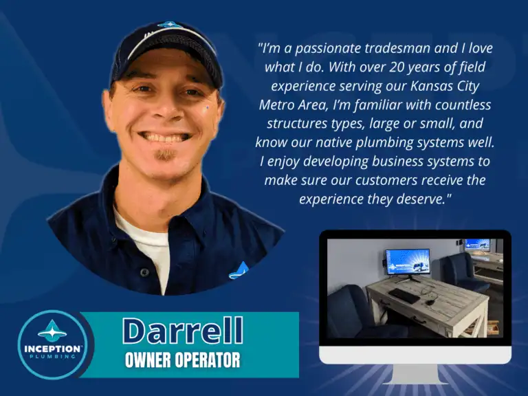A smiling man in work attire, identified as Darrell, Owner Operator of Inception Plumbing, is featured next to his testimonial and an image of a computer on a desk.