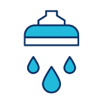 Blue icon of a showerhead with three water droplets falling beneath it on a black background.