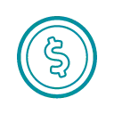 Blue outline of a coin with a dollar sign symbol in the center.