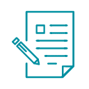 Teal icon of a sheet of paper with lines and a square, accompanied by a pen, on a black background.