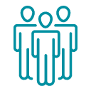Simple line drawing of three human figures standing side by side, with the center figure positioned slightly in front of the other two.