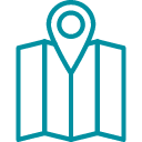 Simple blue line icon of a folded map with a location pin on top, representing navigation or finding a place.