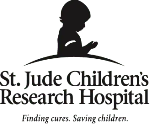 Logo of St. Jude Children's Research Hospital showing the silhouette of a child above the hospital name and the tagline "Finding cures. Saving children.