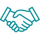 Blue outline icon of two hands shaking, representing a handshake or agreement.