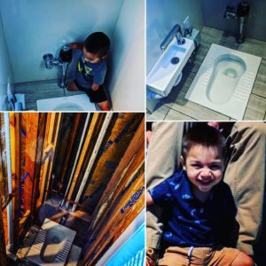 A collage shows a child using a squat toilet, the squat toilet itself, the toilet in a construction area, and the child smiling while sitting on someone's lap.