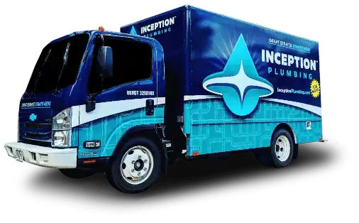 A blue Inception Plumbing box truck with company logo and graphics is parked, viewed from the front left side.