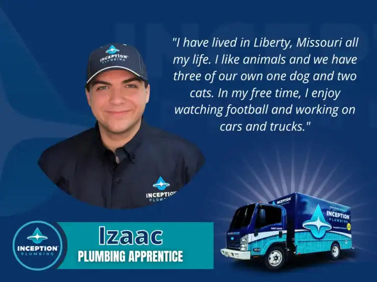 A young man in an Inception Plumbing uniform stands next to a quote about his interests, with a company van and the name "Izaac, Plumbing Apprentice" displayed below.