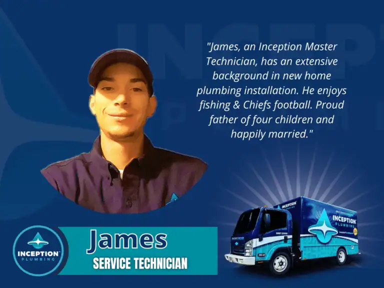A man in a cap and uniform stands next to a branded Inception Plumbing truck. Text highlights James as a service technician with plumbing experience, family details, and hobbies.