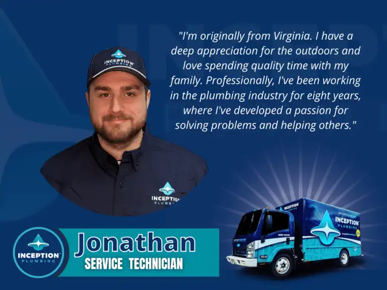 Portrait of a man in an Inception Plumbing uniform, next to his name "Jonathan, Service Technician," a company truck, and a quote about his background and experience.