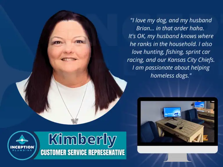 Portrait of Kimberly, Customer Service Representative at Inception Plumbing, with a quote about her love for dogs, her husband, hobbies, and passion for helping homeless dogs.