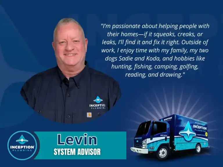 A man in an Inception Plumbing uniform stands smiling beside a company truck, with his name "Levin, System Advisor," and a quote about his passion for helping people and his hobbies.