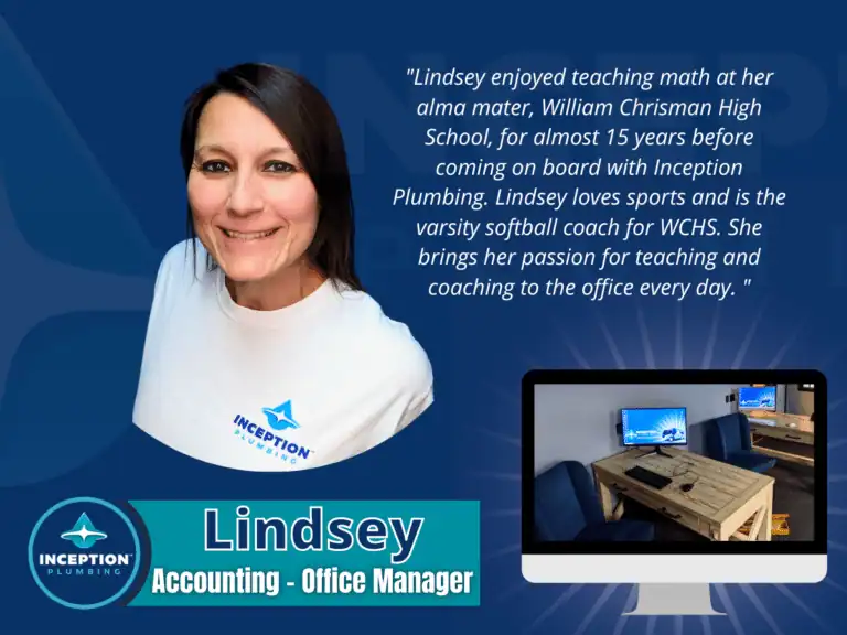 A woman in an Inception Plumbing shirt stands next to a bio about her role as Accounting - Office Manager; below is an office desk with a computer.