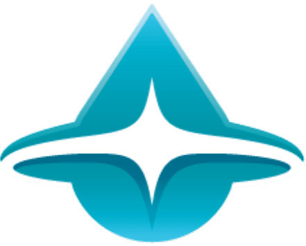 A blue and white abstract logo featuring a four-pointed star shape centered within an upward-facing teardrop over a semicircle.