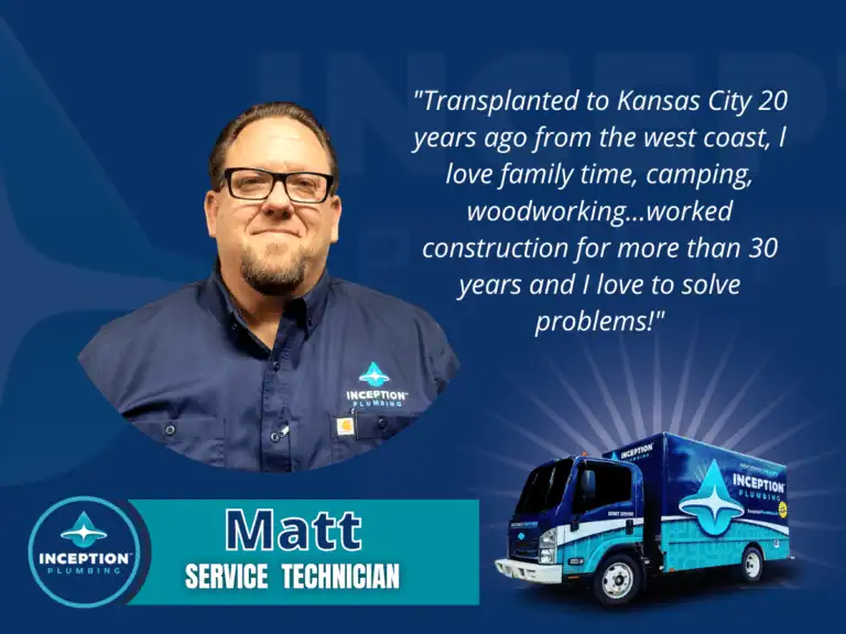 A man in an Inception Plumbing uniform stands next to a quote about his background; a branded service van and his name, Matt, Service Technician, appear below.