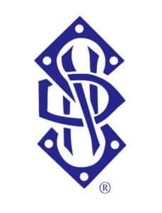 A blue geometric logo featuring interlocking "S" and "W" letters inside a diamond-shaped border with four circular details.