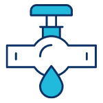 Simple icon of a water valve with a droplet falling from the spout, representing water control or plumbing.