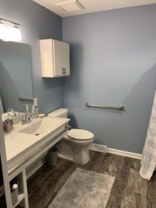 Bathroom with blue walls, a white vanity and sink, a mirror, a toilet, a wall cabinet, a grab bar, a shower with a curtain, and a gray rug on wood-patterned flooring.