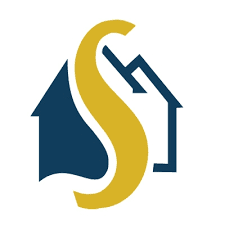 A stylized logo featuring a gold letter "S" between two house icons, one solid blue and one outlined in blue.