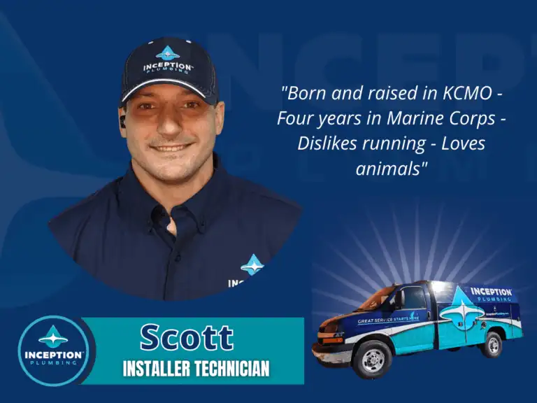 A man in an Inception Plumbing uniform and hat is smiling. Text states his background and interests. A branded company van and logo are also visible. Name: Scott, Installer Technician.