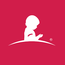 White silhouette of a young child looking down, positioned above a curved line on a solid red background, with a small registered trademark symbol.