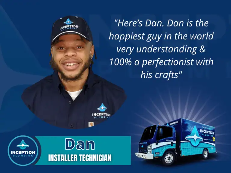 A man in an Inception Plumbing uniform and cap smiles in front of the company logo, with a quote about him, his name "Dan," and an image of an Inception Plumbing van.