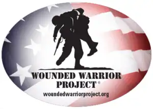 Wounded Warrior Project logo featuring a silhouette of one soldier carrying another, overlaid on an American flag background.