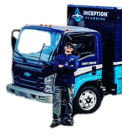 A person in a uniform stands in front of an Inception Plumbing truck with blue and white branding, representing exciting careers and new jobs with a team that's always hiring.