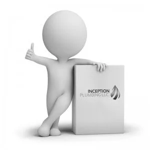 3D humanoid figure leans on a box with the "Inception Plumbing LLC" logo, giving a thumbs-up gesture.