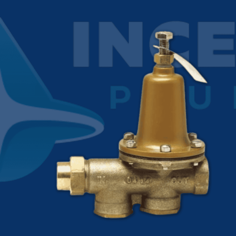 A brass pressure reducing valve with a threaded connection and adjustment screw, displayed against a blue background with partial logo text.