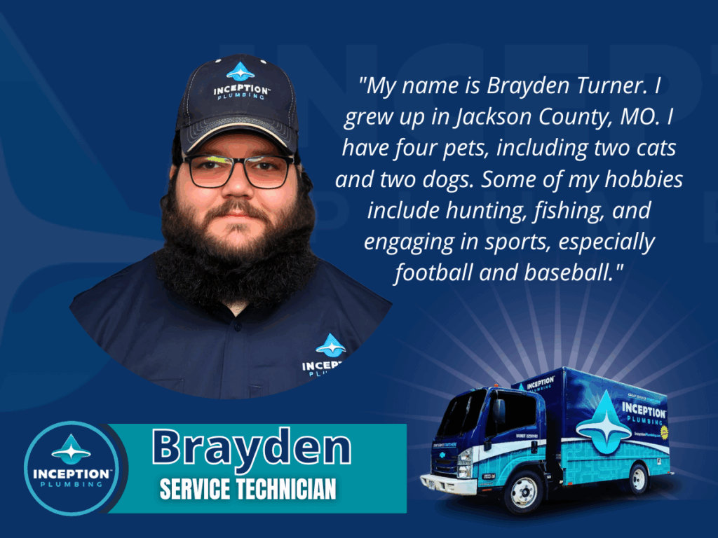 A bearded man in an Inception Plumbing uniform and hat stands next to a company truck. Text describes him as Brayden, a service technician who enjoys pets, hunting, fishing, and sports.