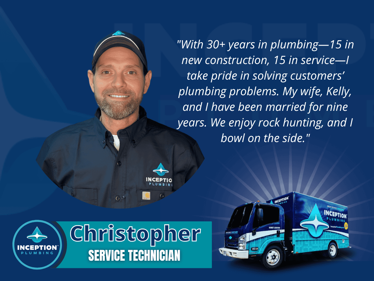 A smiling man in an Inception Plumbing uniform is shown next to a quote about his plumbing experience, with a branded van and badge reading "Christopher, Service Technician.