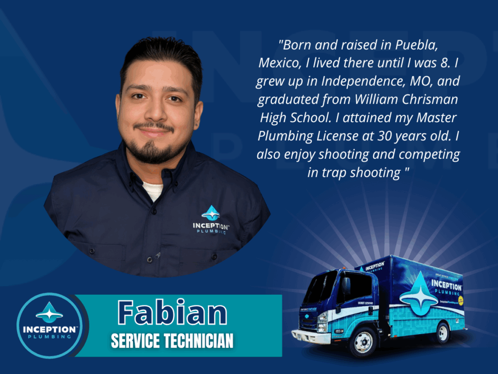 A man in a dark blue uniform stands next to a quote about his background; below is his name, "Fabian, Service Technician," and an image of an Inception Plumbing truck.