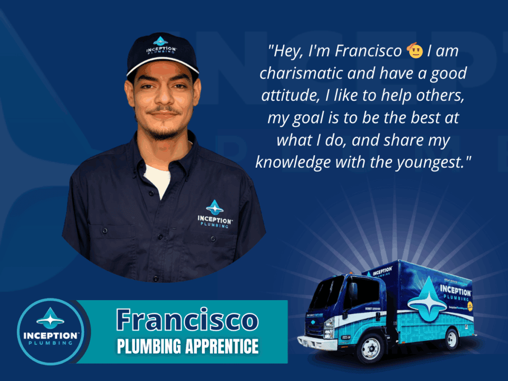 A man in an Inception Plumbing uniform and hat stands next to a quote about his work ethic; a company van and logo are also shown on the graphic.