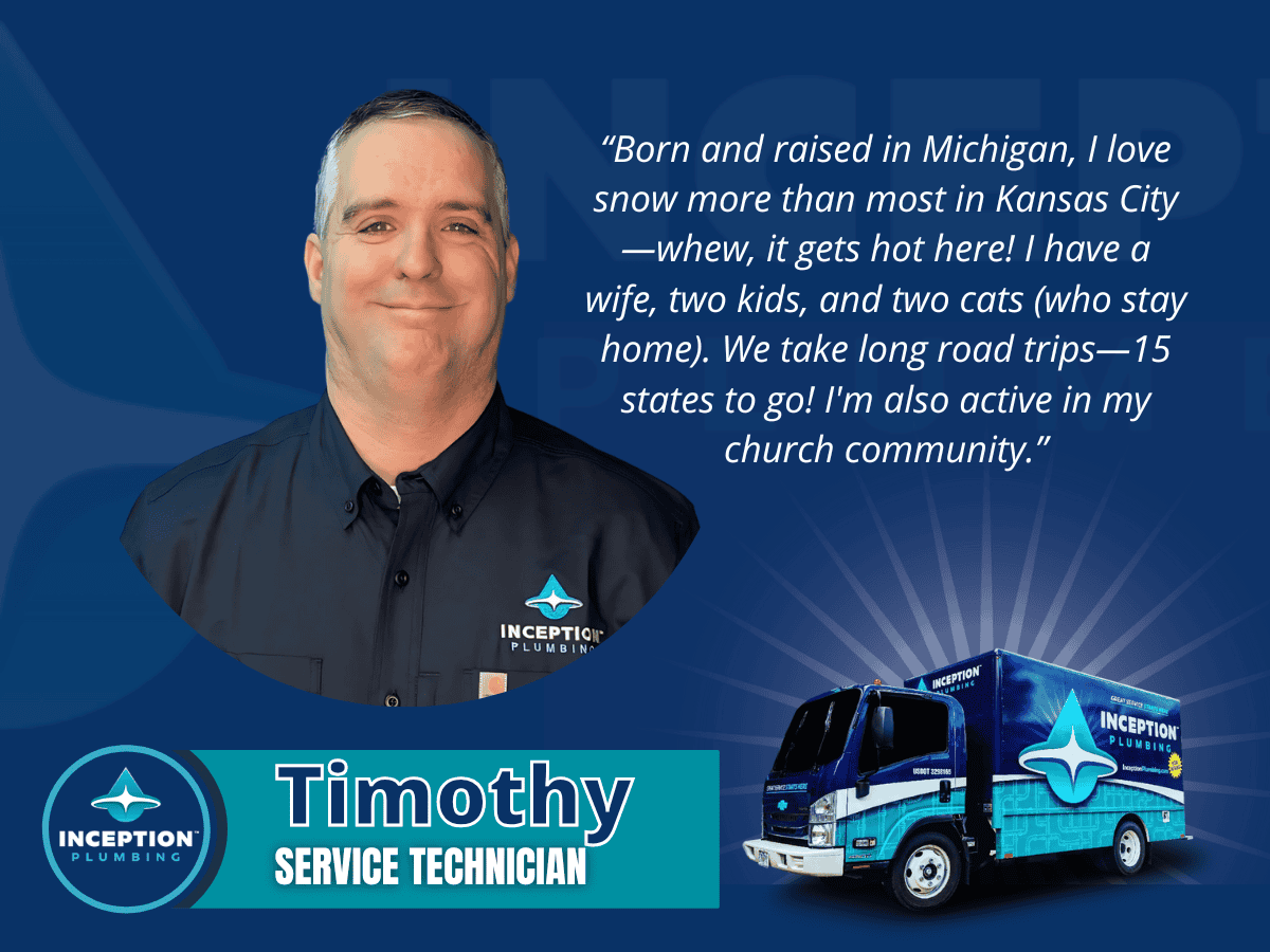 A man in an Inception Plumbing uniform smiles next to his profile quote, a company logo, and a branded service van. Text identifies him as Timothy, Service Technician.