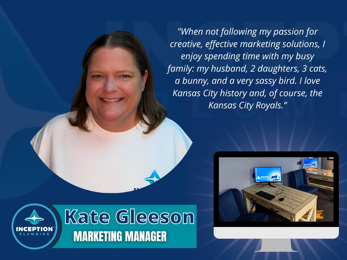 Portrait of Kate Gleeson, Marketing Manager at Inception Plumbing, with a quote about her personal interests and a small photo of a home workspace with a computer.