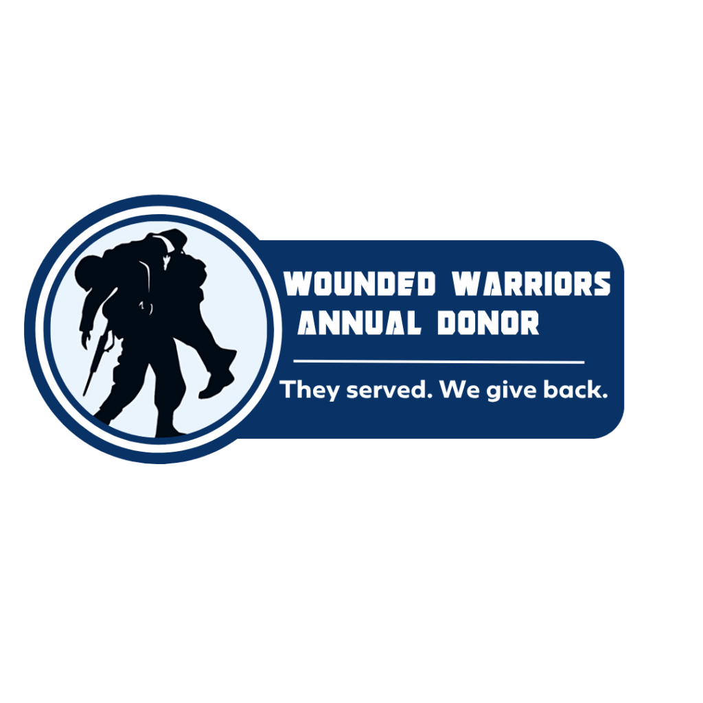 Logo with a silhouette of one soldier helping another, next to text reading "Wounded Warriors Annual Donor. They served. We give back.