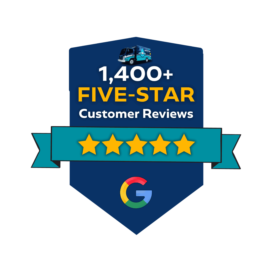 A badge displaying "1,400+ Five-Star Customer Reviews" with five gold stars, a Google logo, and a small truck illustration at the top—highlighting our outstanding customer service.