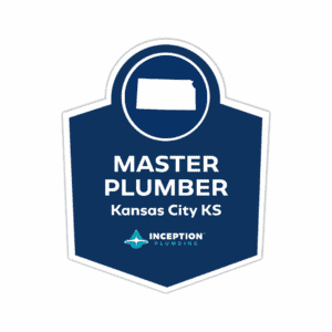 Badge displaying an outline of Kansas, the words "Master Plumber Kansas City KS," and the Inception Plumbing logo at the bottom.