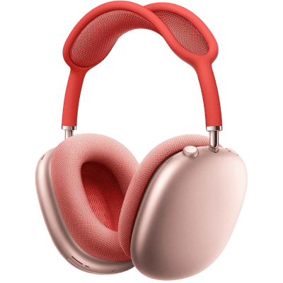 Wireless pink and red over-ear headphones with cushioned ear cups and adjustable headband for comfortable listening.