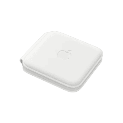 Small white Apple AirPort device for wireless internet connectivity and networking solutions.