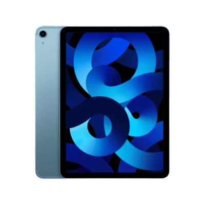 IPad Air 2022 showing a vibrant blue abstract wallpaper, highlighting advanced technology and sleek design for modern digital solutions.