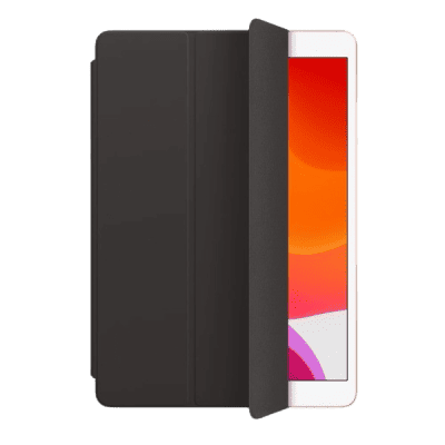 Black tablet case with a white tablet displaying a vibrant orange, pink, and purple gradient screen, designed for safeguarding and enhancing portable device usability.