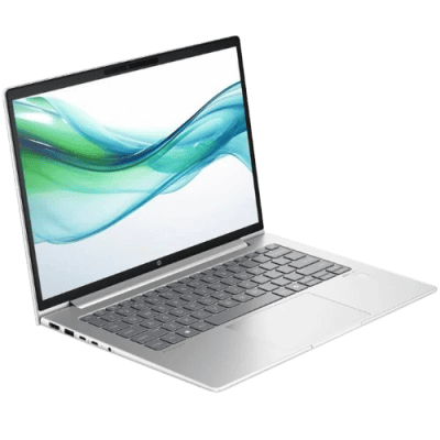 High-performance silver laptop with a sleek design, open to display a vibrant abstract wallpaper, symbolizing innovative technology solutions.