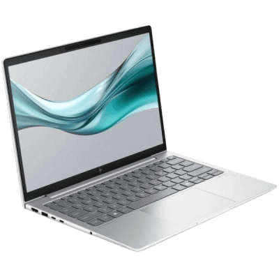 Efficient silver laptop open with keyboard and screen displaying a sleek wave design, representing modern technology and innovation.