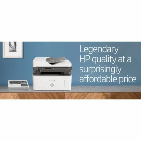 High-quality HP multifunction printer on a wooden desk with a stack of papers, showcasing affordable, innovative printing solutions.