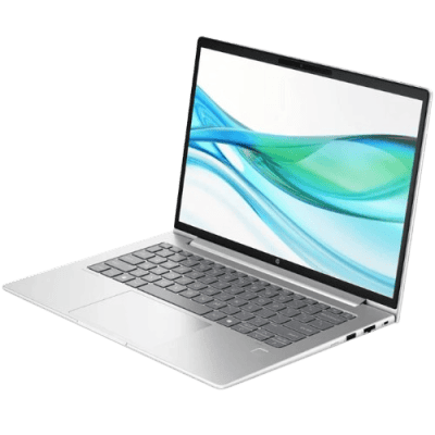 Lightweight silver laptop with modern design, open to display a vibrant blue-green wave graphic on screen. Perfect for tech solutions, affordability, and innovative digital experiences in South Africa.