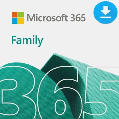 Microsoft 365 Family logo with colorful design and download icon, highlighting affordable software solutions for families in South Africa.